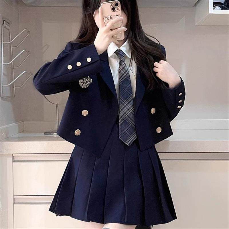 jk制服套装冬装原创jk西装套装学院英伦风韩式黑色制服百褶裙双排