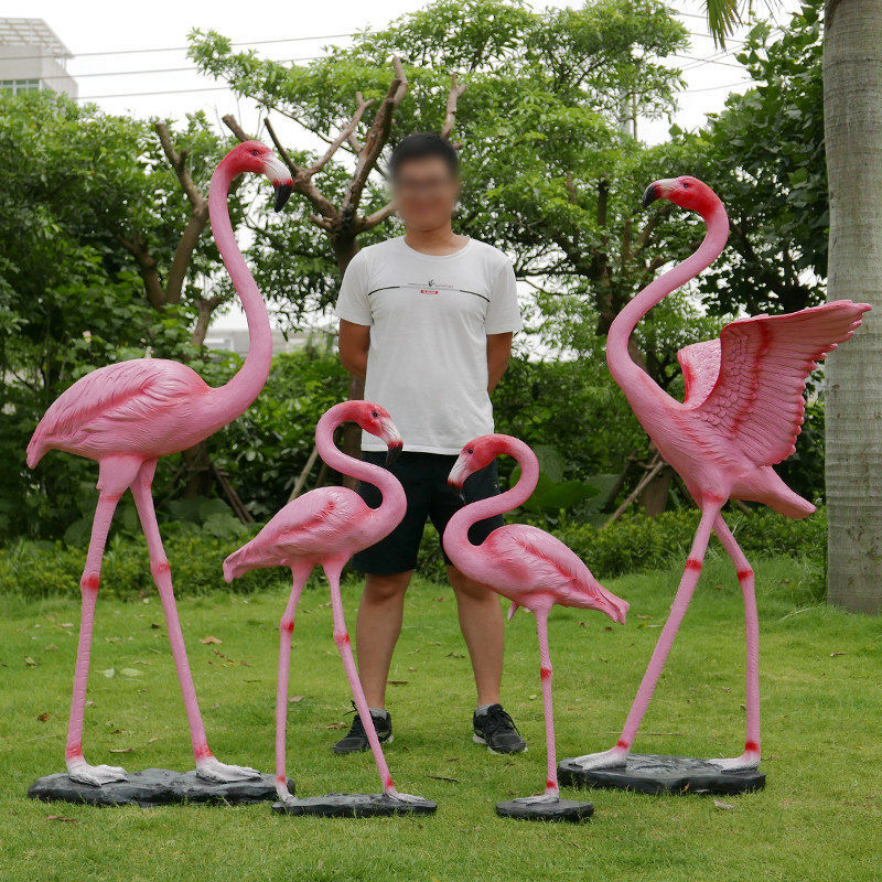 花园庭院仿真火烈鸟落地摆件雕塑户外园林景观玻璃钢动物水池婚庆