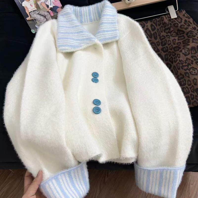 韩系高级感水貂绒毛衣外套女2026秋冬新款拼接小个子针织开衫上衣