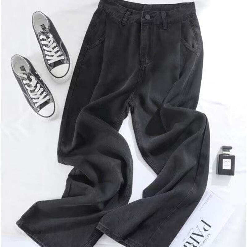 黑色天丝牛仔裤女夏季薄款莱赛尔高腰垂感宽松冰丝阔腿拖地长裤子