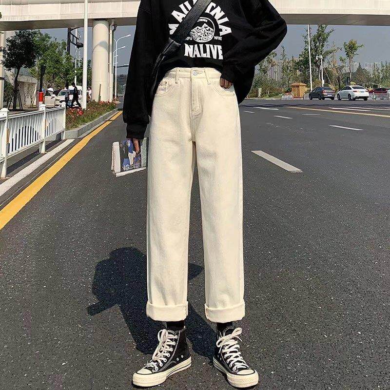 加绒加厚直筒牛仔裤女秋冬新款宽松高腰小个子显瘦复古阔腿长裤潮