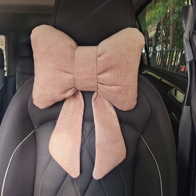飘带款汽车蝴蝶结头枕麻面四季通用车载护颈枕女生车内颈枕