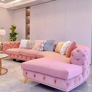 轻奢客厅粉色贵妃拉扣沙发新款法式风奶油风美式布艺弧形转角沙发
