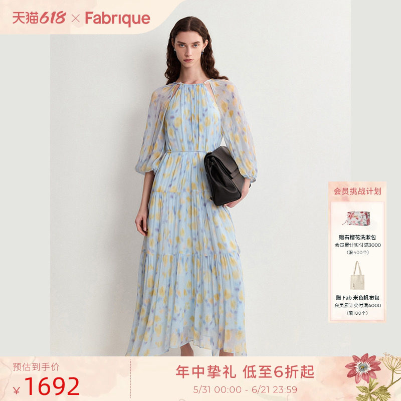 Fabrique欧若风薄纱印花七分袖连衣裙女度假风长裙春夏女装