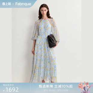 Fabrique欧若风薄纱印花七分袖连衣裙女度假风长裙春夏女装