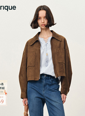Fabrique秋装宽松版型咖啡棕色仿麂皮绒短款夹克外套女美拉德穿搭