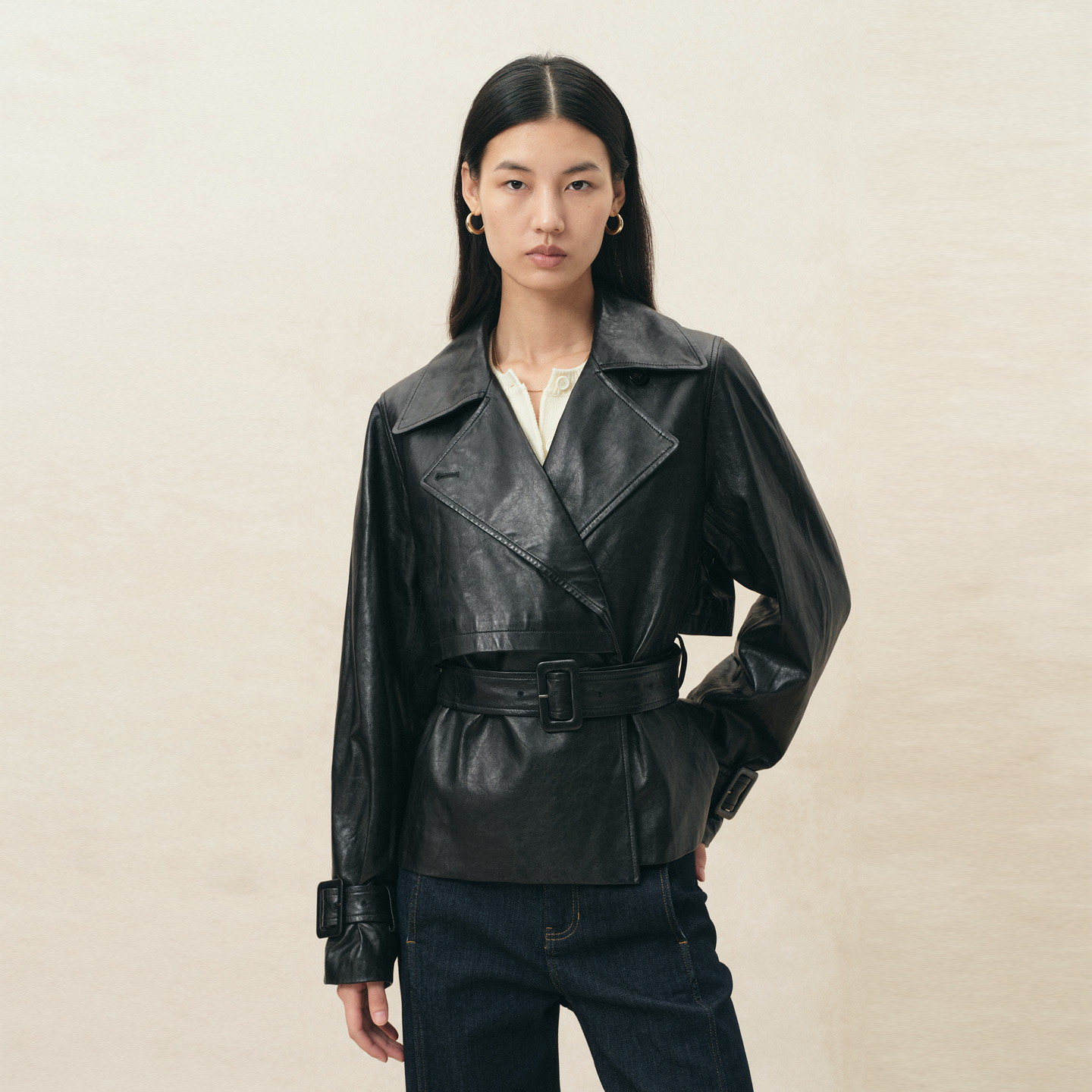 Fabrique 漆夜黑油蜡羊皮革配腰带短款真皮风衣女2026年秋季新品图片
