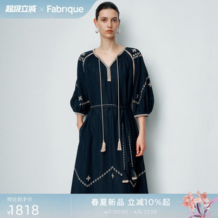 Fabrique复古锡拉海蓝撞色刺绣亚麻泡泡袖 长袍连衣裙新款