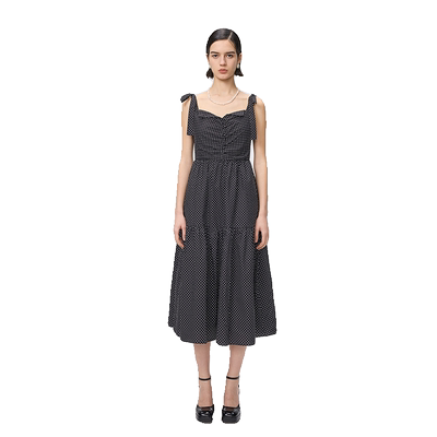 Fabrique A摆翻领宽肩带蝴蝶结捏褶波点连衣裙