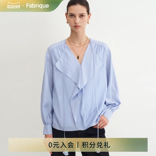 襯衣小衫 女2025年夏長袖 Fabrique嬰兒藍蜜桃粉荷葉邊V領系帶襯衫