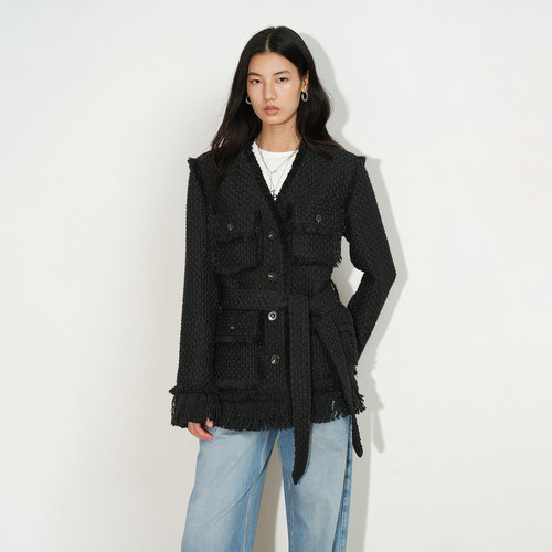 【本周新品】Fabrique 绵羊毛流苏大廓形配腰带猎装粗花呢短外套