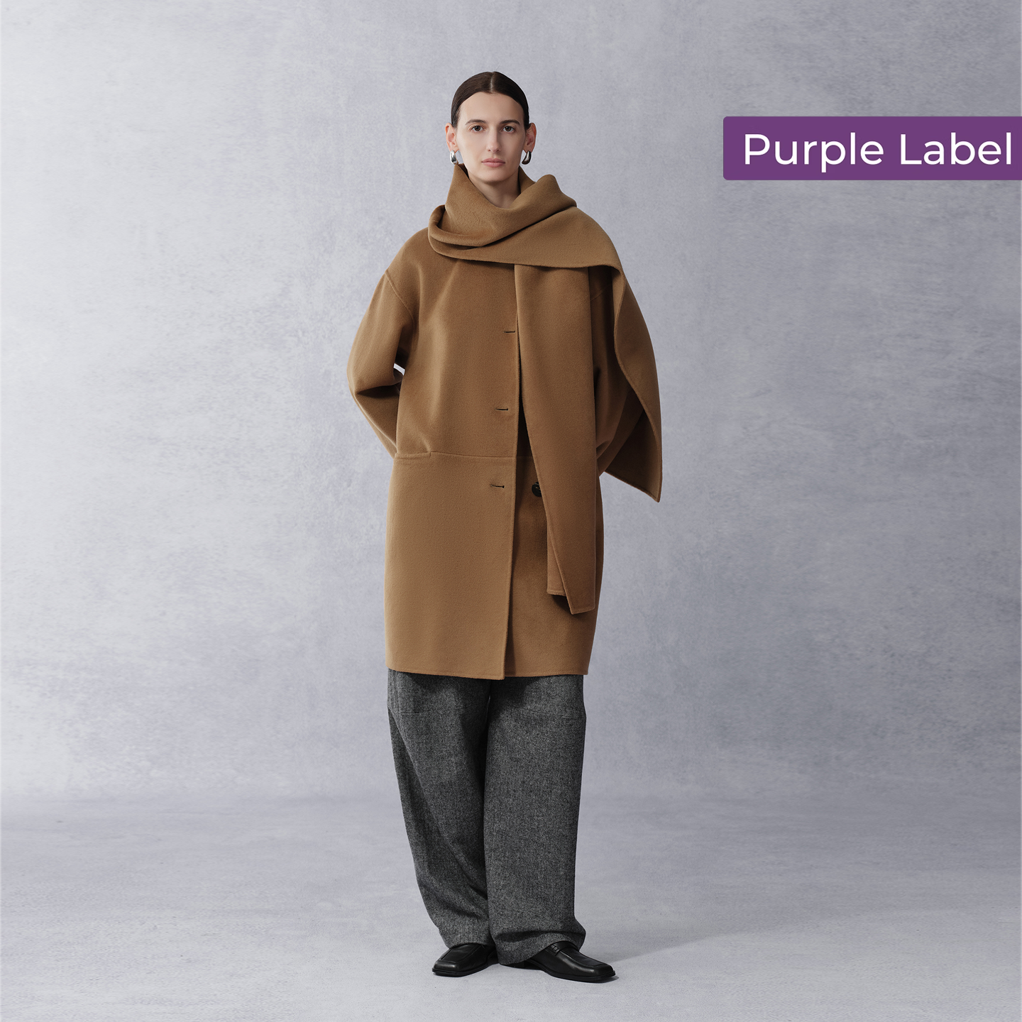 Fabrique羊毛真丝中长款围巾大衣