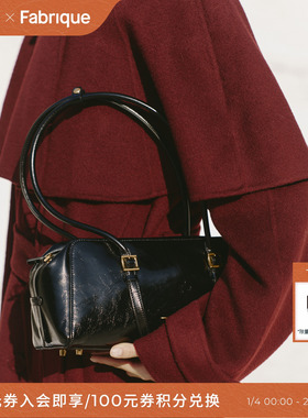 新年礼物 Fabrique黑色油蜡牛皮Monti波士顿长款包腋下法棍包包女