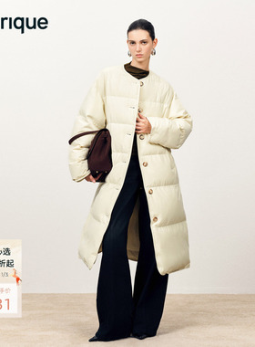 Fabrique白色高密度混纺面料白鸭绒无领长款羽绒服外套女 冬季