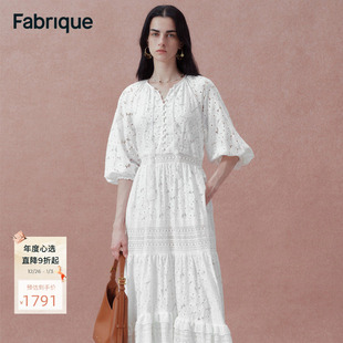 Fabrique白色蕾丝花卉棉质泡泡袖 连衣裙2025夏休闲通勤风度假伞裙