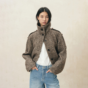 Fabrique 胡椒棕羊毛人字纹毛呢翻领A型短款大衣女2026年秋冬新品