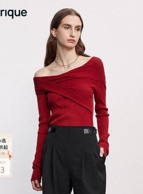【朱丹同款】Fabrique红色斜肩露肩毛针织衫女修身一字领毛衣上衣