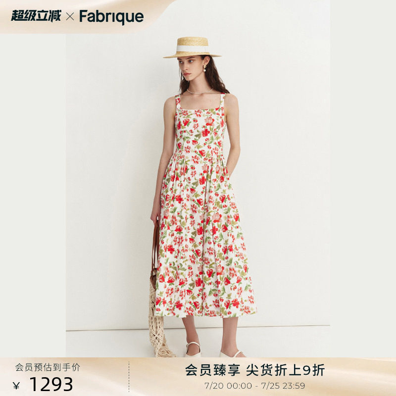 【田曦薇同款】Fabrique玫瑰碎花棉方领甜美无袖连衣裙春夏女裙子