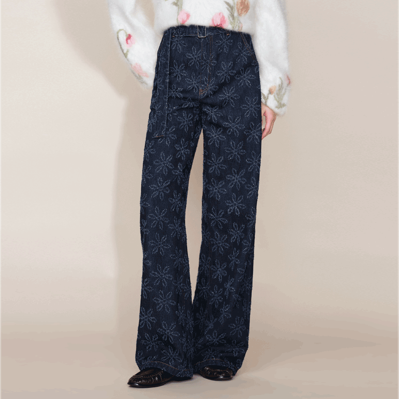 【大乐严选】Fabrique 深蓝花朵钩花肌理配腰带阔腿牛仔裤,女装/女士精品,牛仔裤,淘宝优惠券,粉丝福利购,淘宝优惠卷