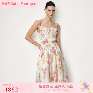 Fabrique梦境花园桑蚕丝亚麻弹力抹胸印花无袖吊带连衣裙25夏新品