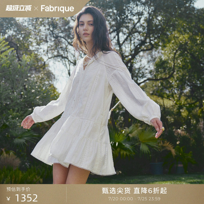 Fabrique白月光连衣裙 蕾丝纯棉提花灯笼袖白色裙2026年春季新品