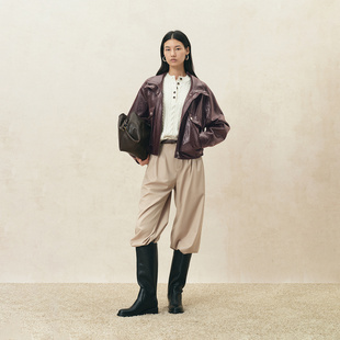 Fabrique 无花果紫棕皱漆皮蝙蝠袖短款皮衣外套女2026年秋冬新品