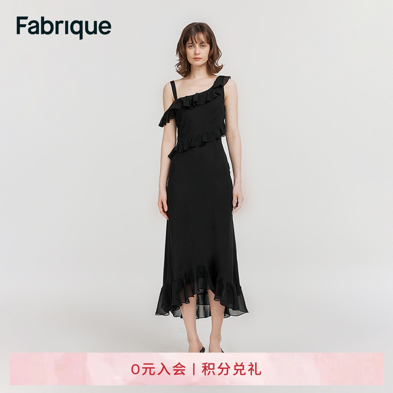 Fabrique桑蚕丝不对称荷叶边真丝连衣裙女夏季新品吊带鱼尾裙