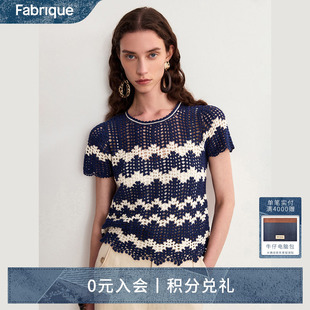 25年夏镂空短袖 Fabrique塞纳河手工钩针棉麻波浪条纹针织衫 上衣女