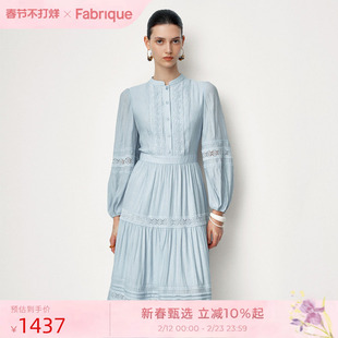 Fabrique宫廷谧境蓝色蕾丝织带长袖长款连衣裙女收腰新款