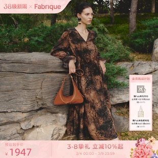 Fabrique 浮光跃金新中式泼墨印花铜氨V领系带长袖连衣裙