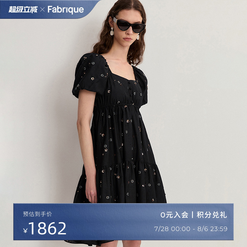 Fabrique黑金珠绣方领泡泡袖娃娃连衣裙2025夏季新品