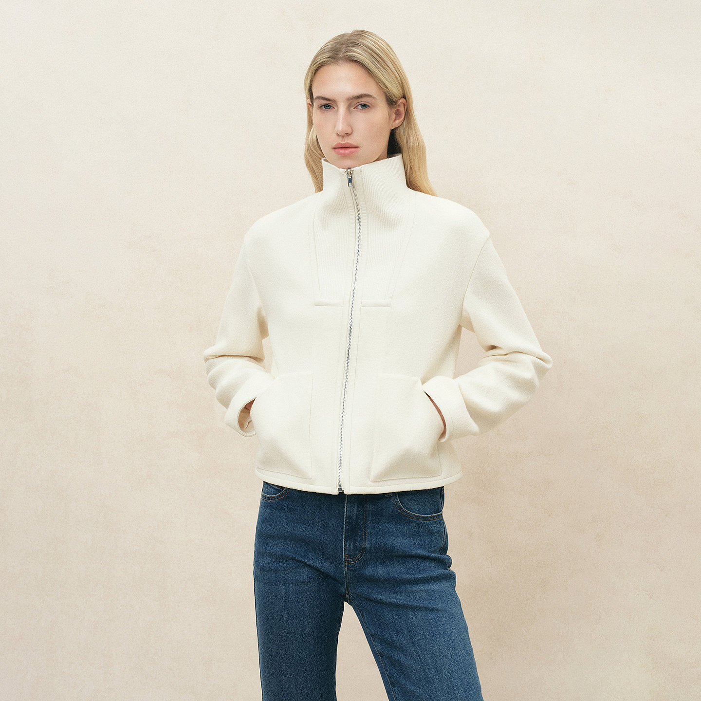 Fabrique 象牙白肌理感绵羊毛罗纹短款毛呢外套女2026年秋冬新品