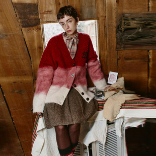 【陈妍希同款】Fabrique竹马开衫红色渐变羊毛针织开衫毛衣25新款