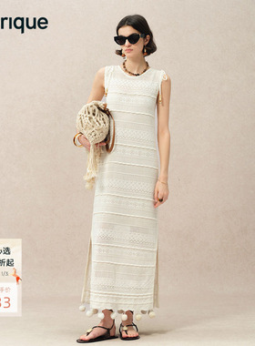 Fabrique小绒球匠心钩针夏季新品重工白色纯棉镂空无袖波嬉连衣裙