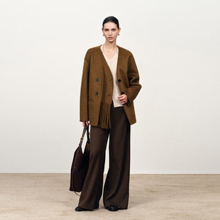 Fabrique蜂蜜棕羊毛骆驼绒桑蚕丝假两件流苏短款大衣2025年冬季女