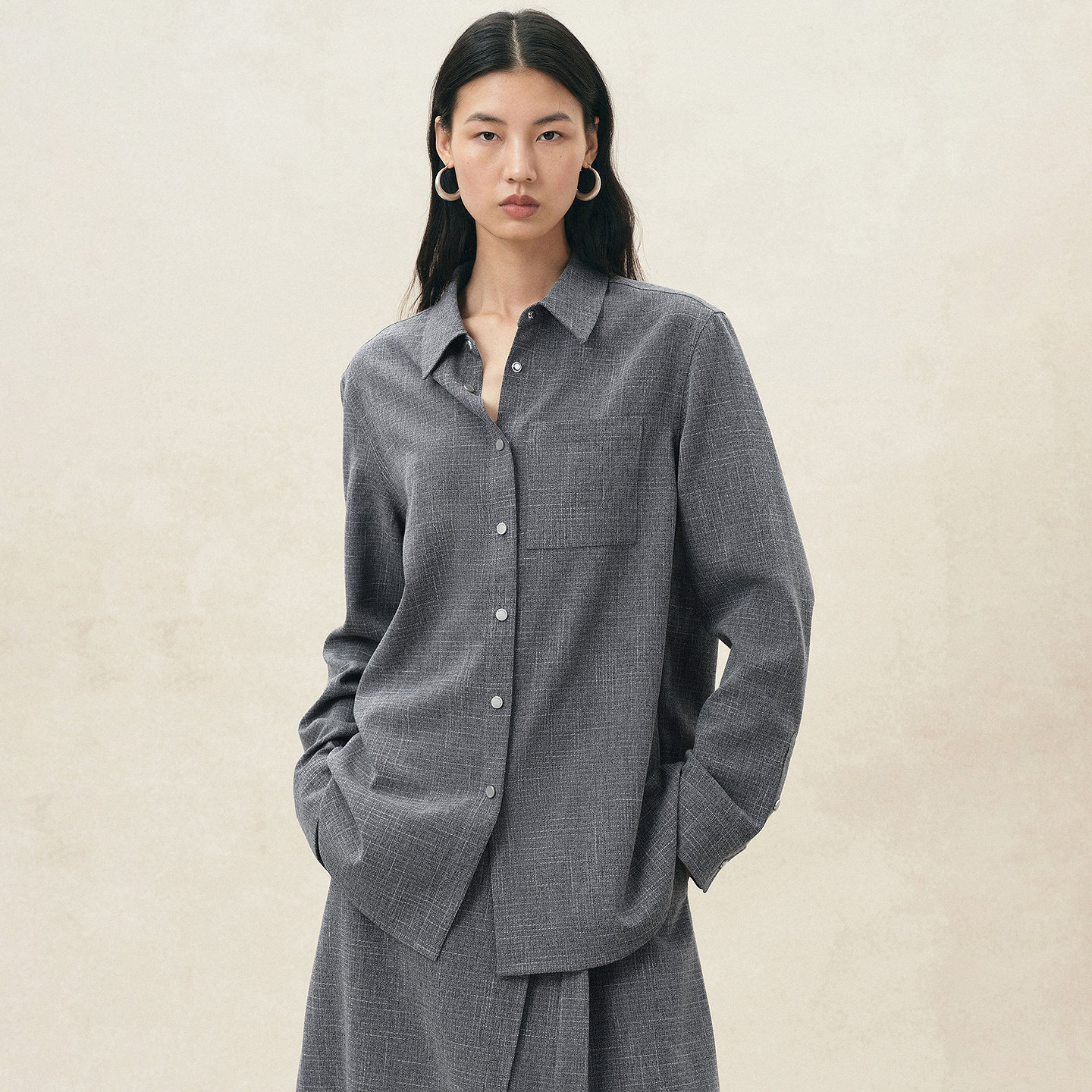 Fabrique 锡器灰十字纹大廓形宽松衬衫上衣女士2026年秋季新品