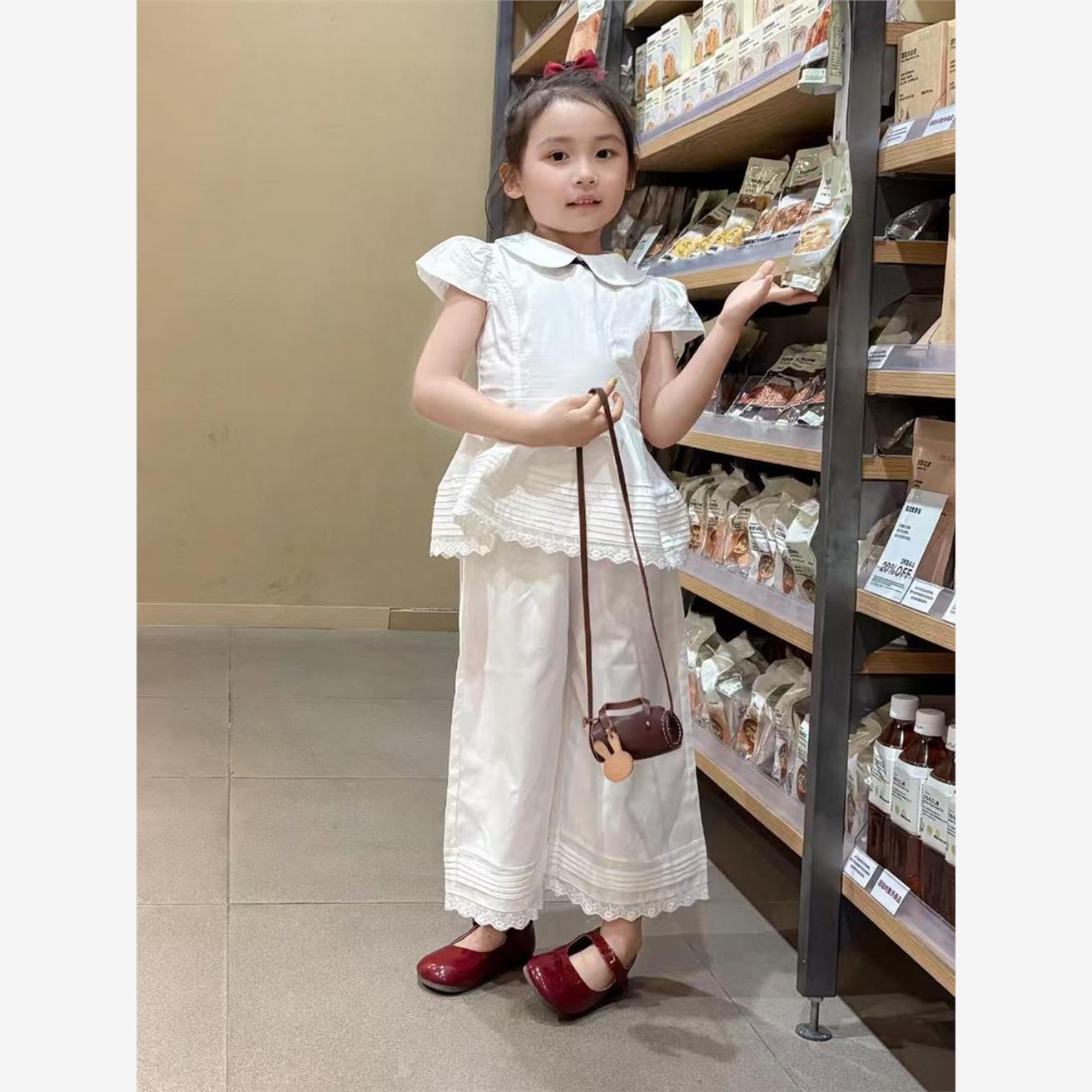韩国童装2025夏季新款白色娃娃领蕾丝边短袖衬衫女童阔腿裤两件套