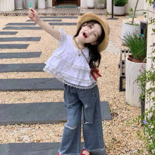 夏季 甜美荷叶边拼接小飞袖 女童衬衫 新款 衬衫 上衣中小童童装