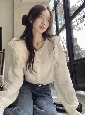 蕾丝娃娃领长袖女士衬衫秋季设计感小众时尚洋气时髦别致漂亮上衣