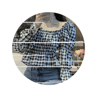 春秋2026年新款韩版宽松方领两穿收腰泡泡袖衬衫上衣女士格子衬衣