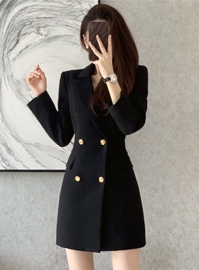 韩版收腰2026时尚连衣裙女春秋职业中长裙新款小个子气质西装修身