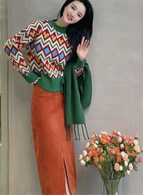新款复古半身裙套装女冬单件套装撞色圆领毛衣+显瘦灯芯绒开叉裙