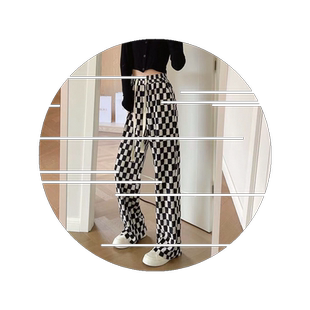 棋盘格黑白格阔腿裤子女潮流春秋显瘦休闲宽松韩版学生拖地裤长裤