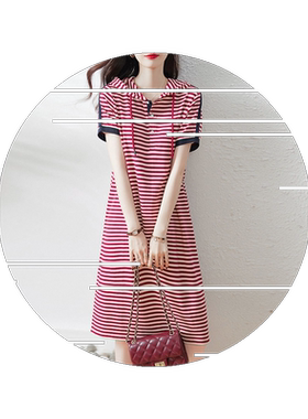 2026夏季新品女款条纹连帽撞色优雅时尚连帽韩版短袖女式连衣裙潮