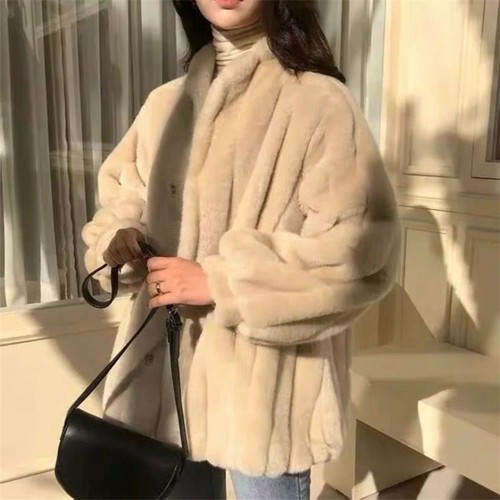 2025新款仿貂绒皮草外套女中长款毛绒绒立领仿貂毛韩版宽松秋冬季