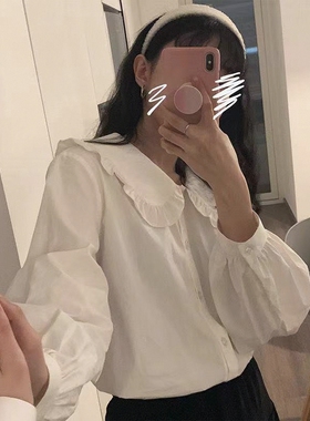 新款春秋法式复古娃娃领白色衬衫女设计感小众长袖宽松打底衬衣女