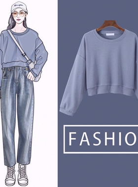 韩版纯色卫衣2026新款春秋女装时尚气质圆领长袖宽松短款百搭上衣