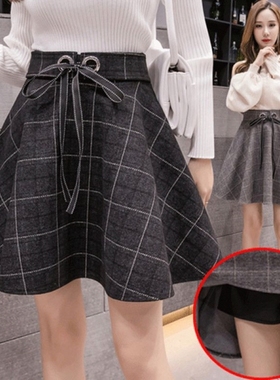 韩版学生高腰格子百褶伞裙a字毛呢半身裙短裙子2025秋冬新款女装