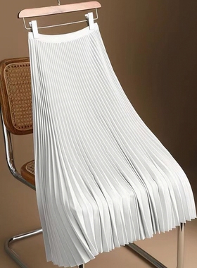 2025缎面夏季潮半身裙高腰中长款A字裙过膝百褶裙薄款纯色高级感