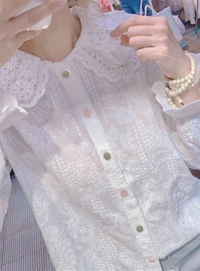 时尚欧货纽扣白娃娃领上衣喇叭袖彩色春秋洋气小衫蕾丝女衬衫百搭